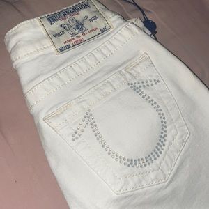 White True Religion Jeans w Swarovski CRYSTAL LOGO WOMENS JEAN